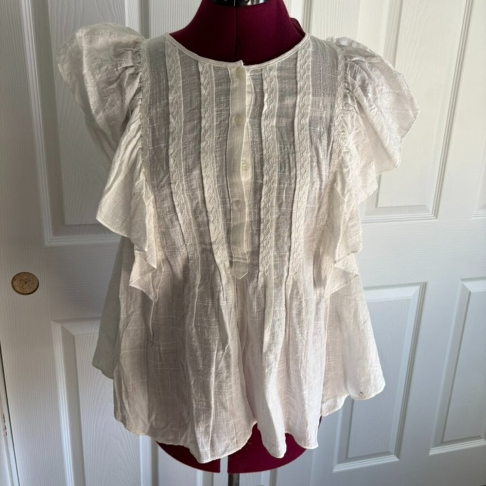 NWT - Max Studio White Ruffle Sleeve Boho Blouse NWT Size M Embroidered Detail
